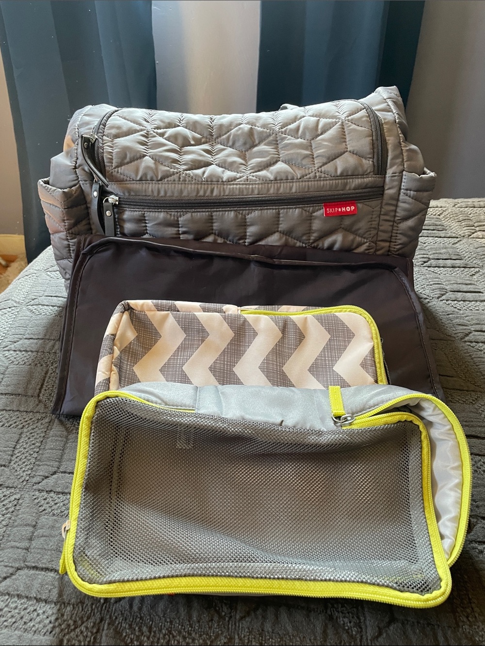 Skip Hop Gray Quilted Diaper Bag with Neon Green Trim